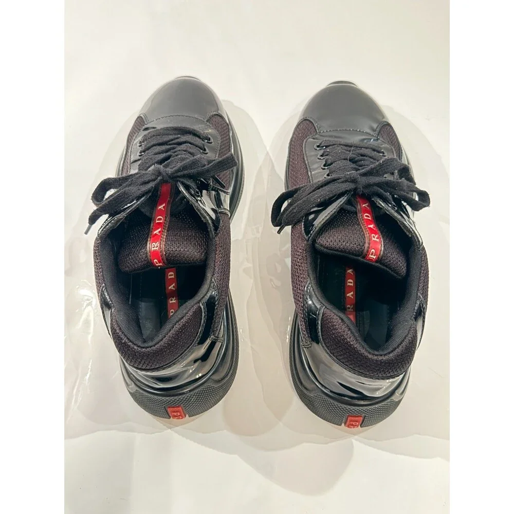 Prada Mens Americas Cup Black Patent Leather Mesh Lace-Up Sneakers US 7